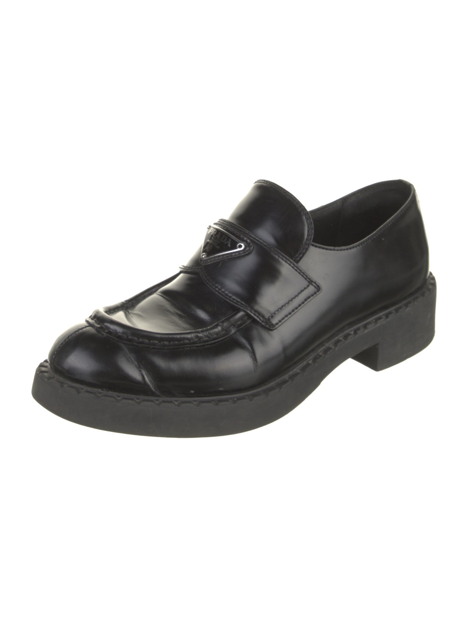 Prada Enameled Metal Triangle Leather Loafers