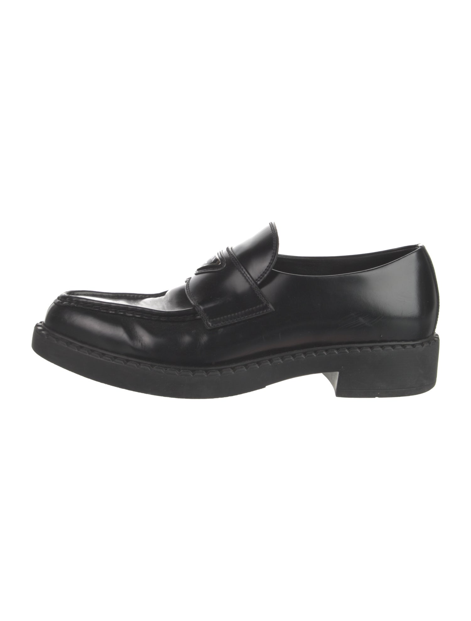 Prada Enameled Metal Triangle Leather Loafers