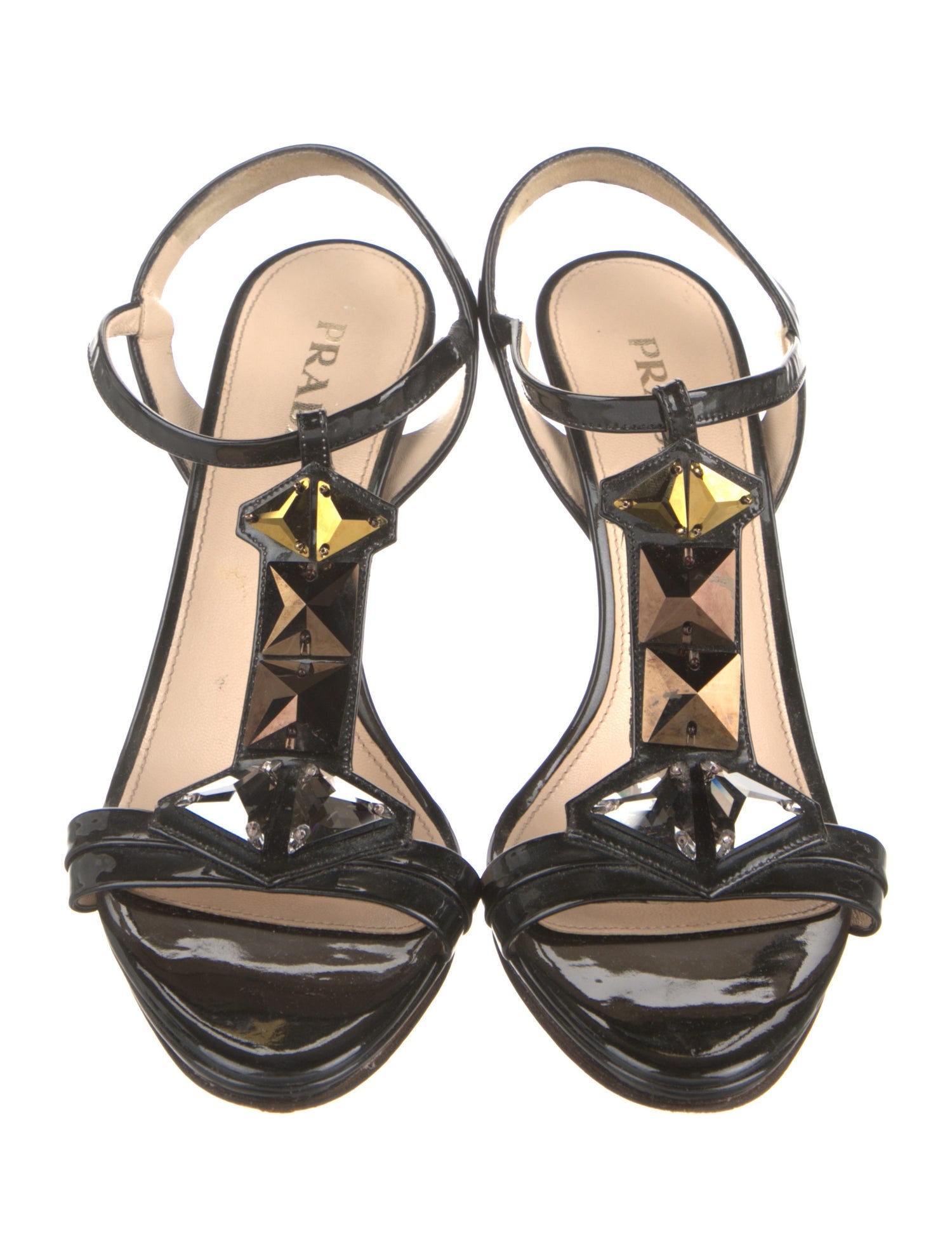 Prada Patent Leather Crystal Embellishments T-Strap Sandals