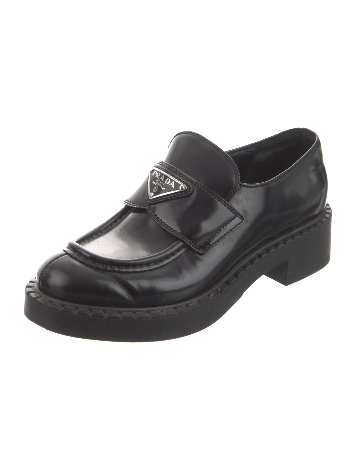Prada Enameled Metal Triangle Patent Leather Mules