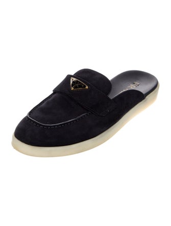 Prada Enameled Metal Triangle Suede Slippers