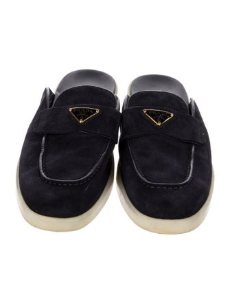 Prada Enameled Metal Triangle Suede Slippers