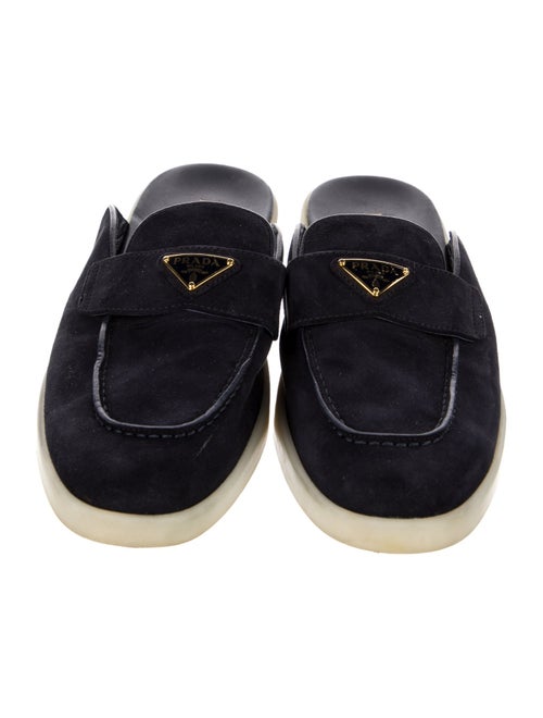 Prada Enameled Metal Triangle Suede Slippers
