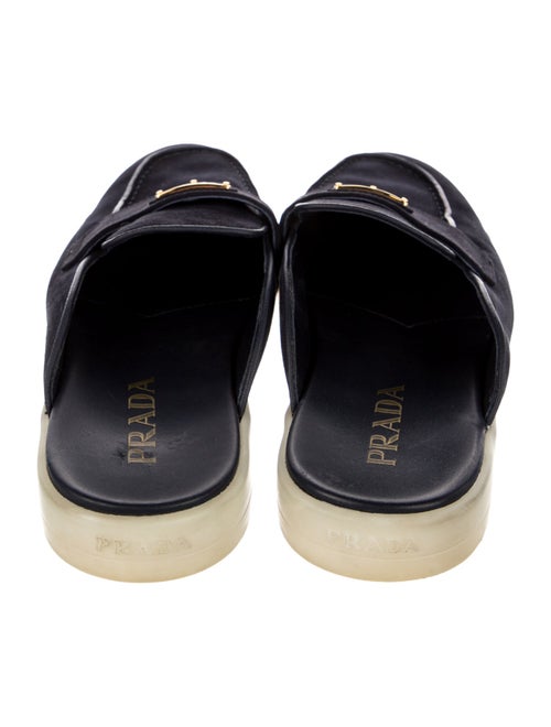 Prada Enameled Metal Triangle Suede Slippers