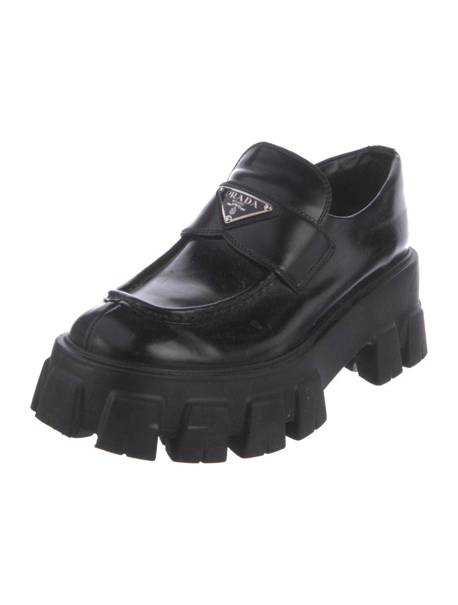 Prada Enameled Metal Triangle Leather Loafers