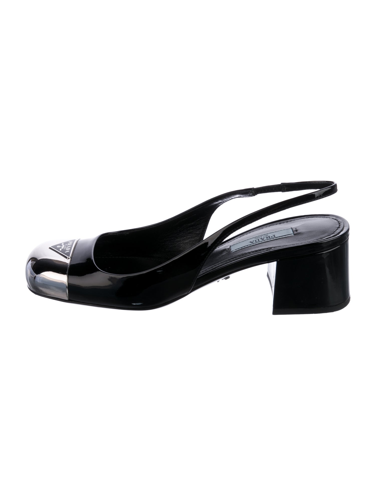 Prada Enameled Metal Triangle Patent Leather Slingback Pumps