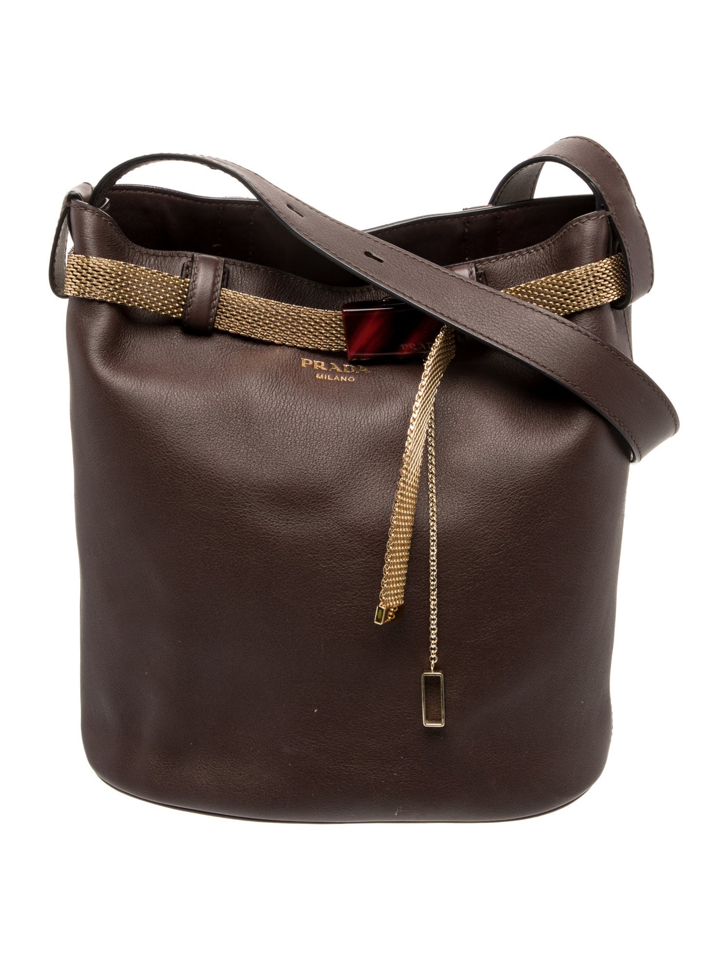 Prada Leather Jeweled Buckle Bucket Bag 2025