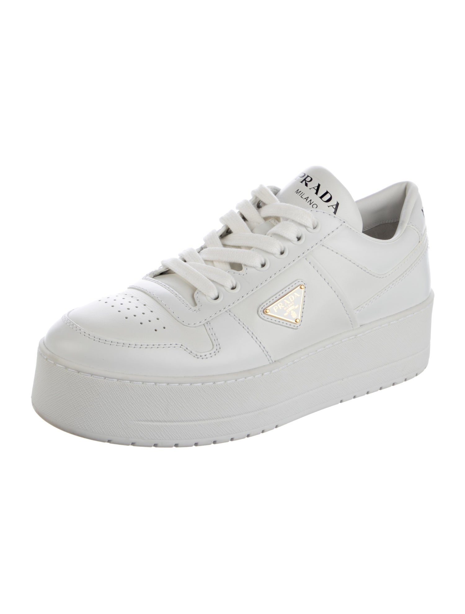 Prada Enameled Metal Triangle Leather Sneakers