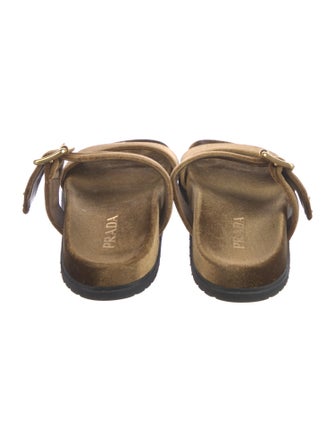 Prada Enameled Metal Triangle Velvet Slides
