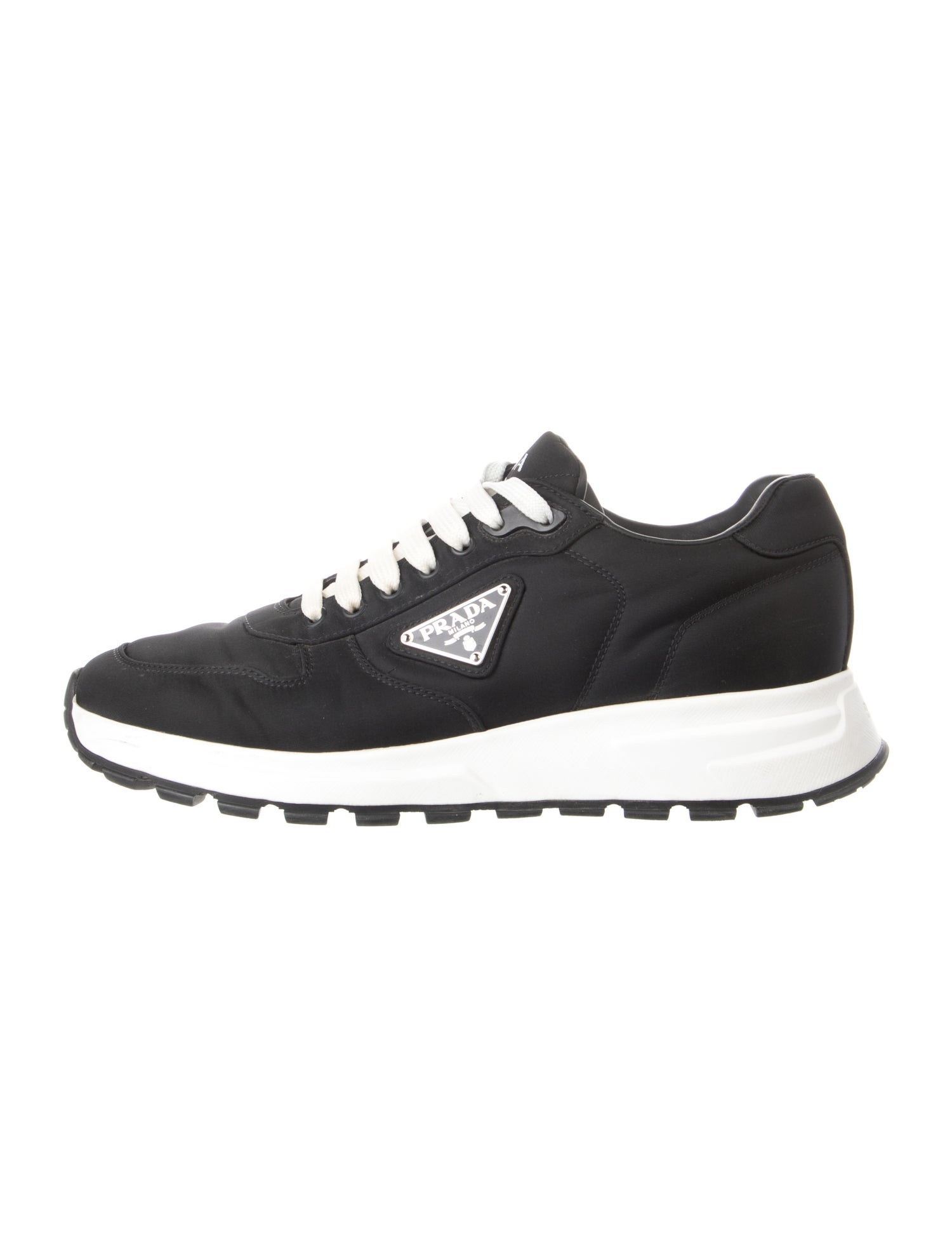 Prada Enameled Metal Triangle Nylon Sneakers
