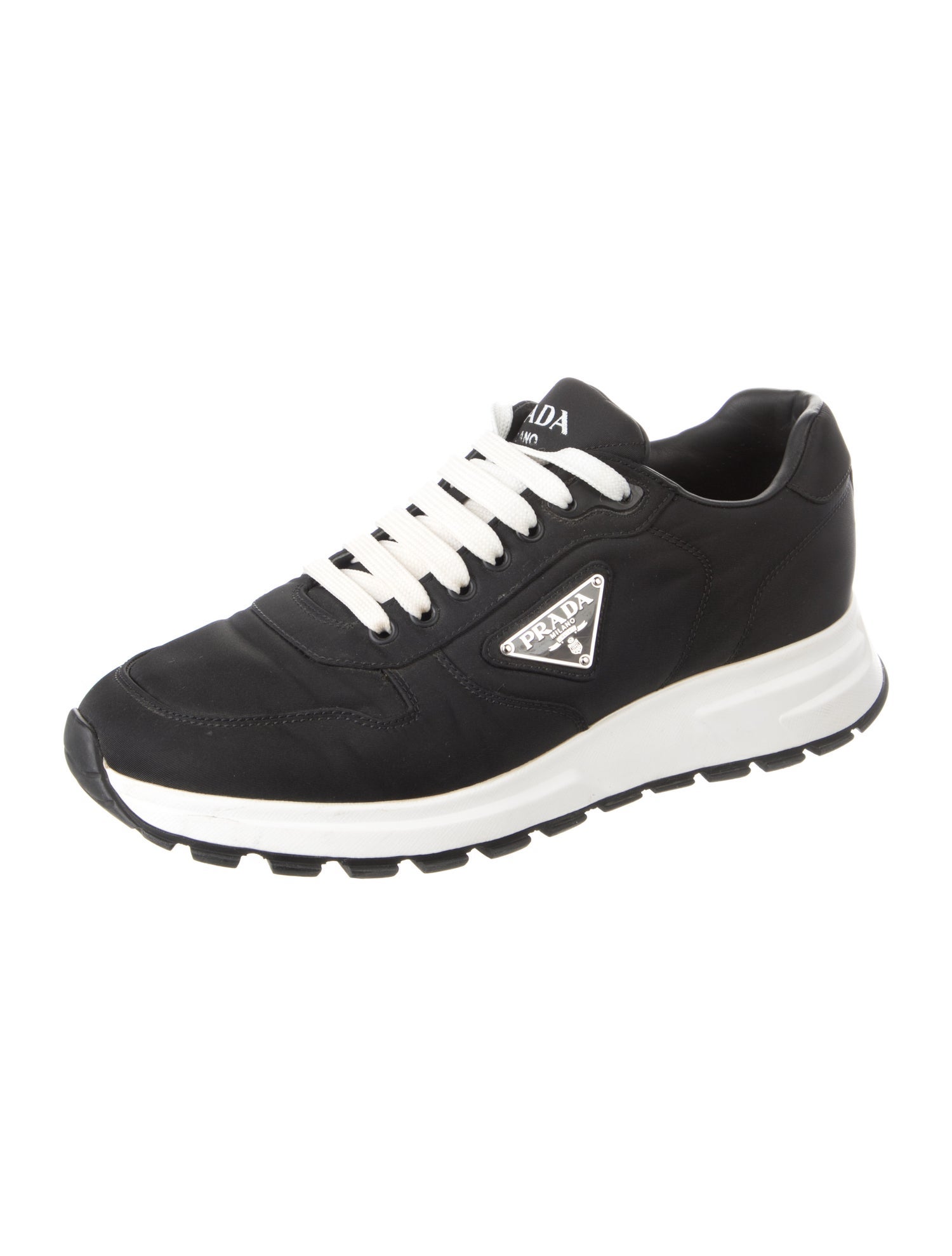 Prada Enameled Metal Triangle Nylon Sneakers
