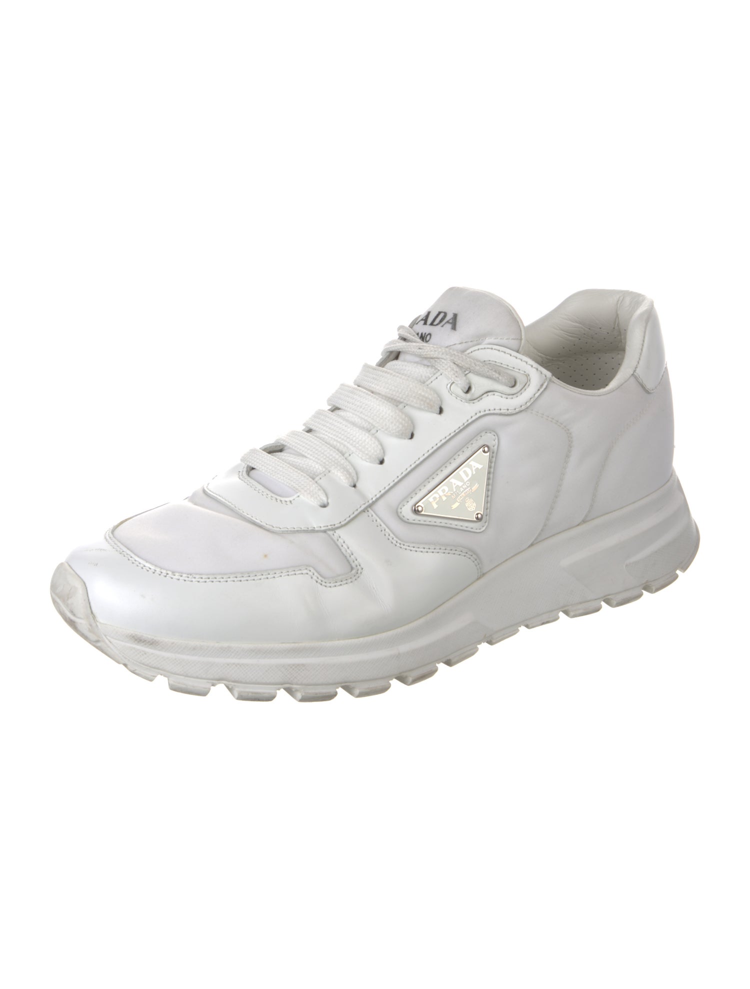 Prada Enameled Metal Triangle Leather Chunky Sneakers