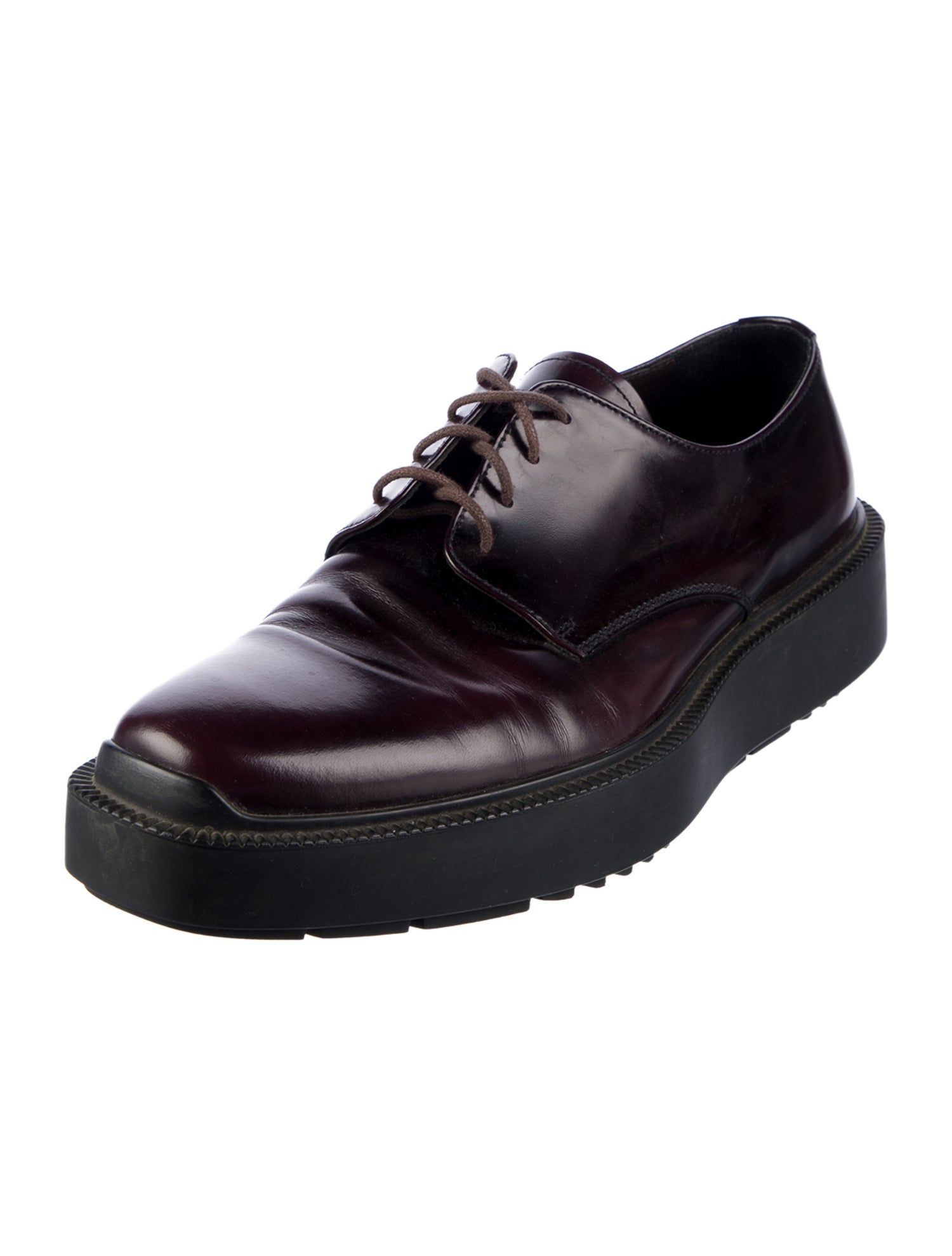 Prada Enameled Metal Triangle Leather Oxfords