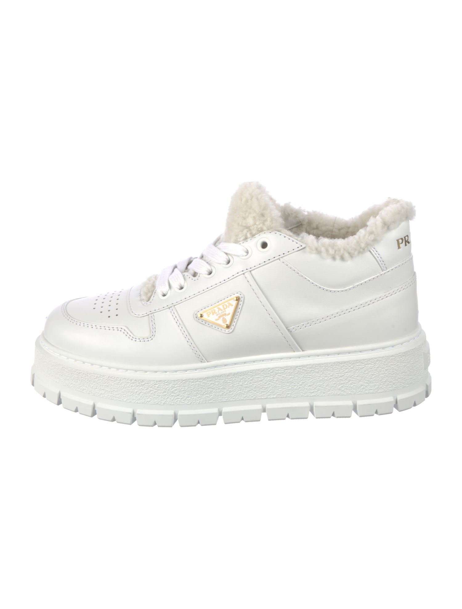 Prada Enameled Metal Triangle Leather Sneakers