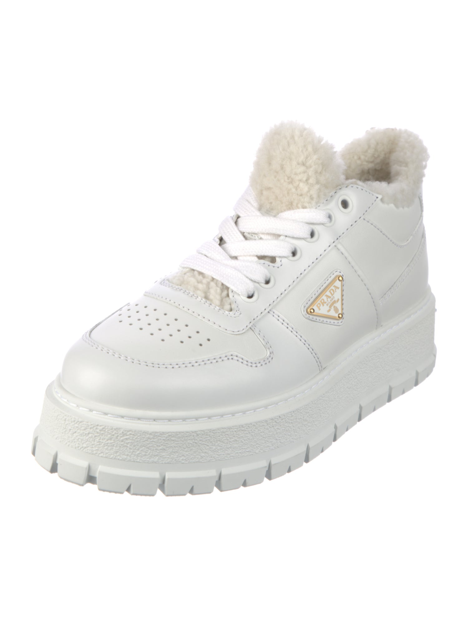 Prada Enameled Metal Triangle Leather Sneakers