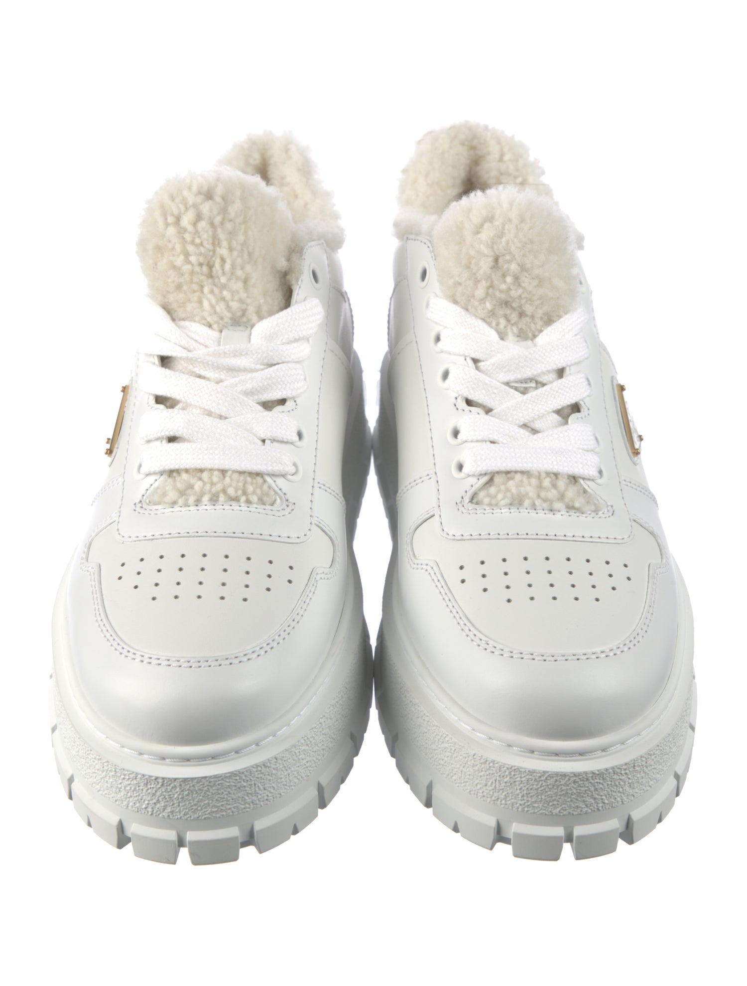 Prada Enameled Metal Triangle Leather Sneakers