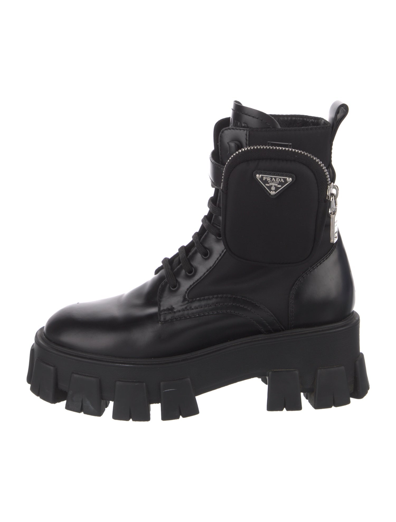 Prada Enameled Metal Triangle Leather Combat Boots
