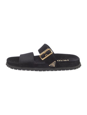 Prada Enameled Metal Triangle Velvet Slides