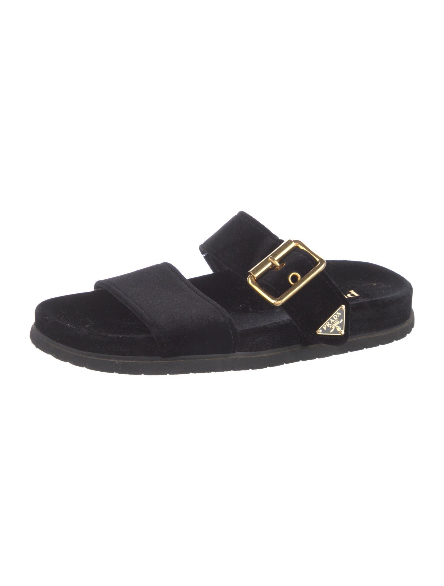 Prada Enameled Metal Triangle Velvet Slides