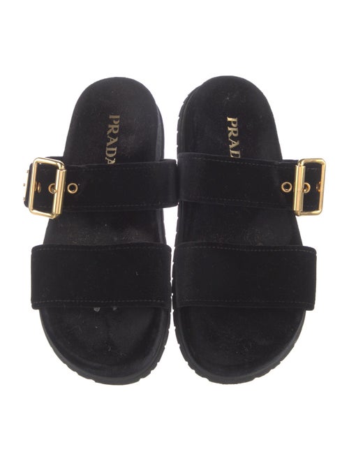 Prada Enameled Metal Triangle Velvet Slides