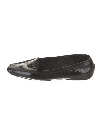 Prada Enameled Metal Triangle Patent Leather Loafers