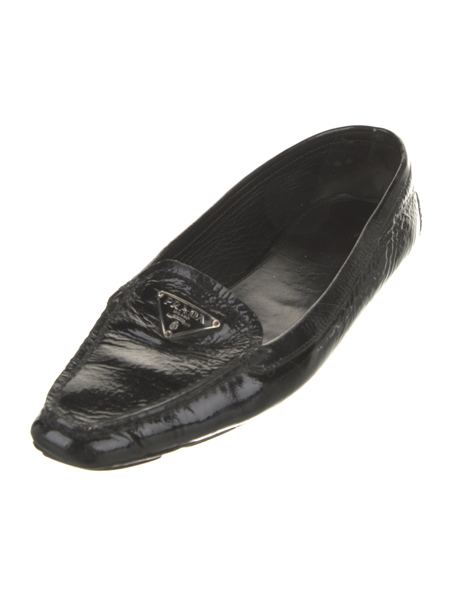 Prada Enameled Metal Triangle Patent Leather Loafers