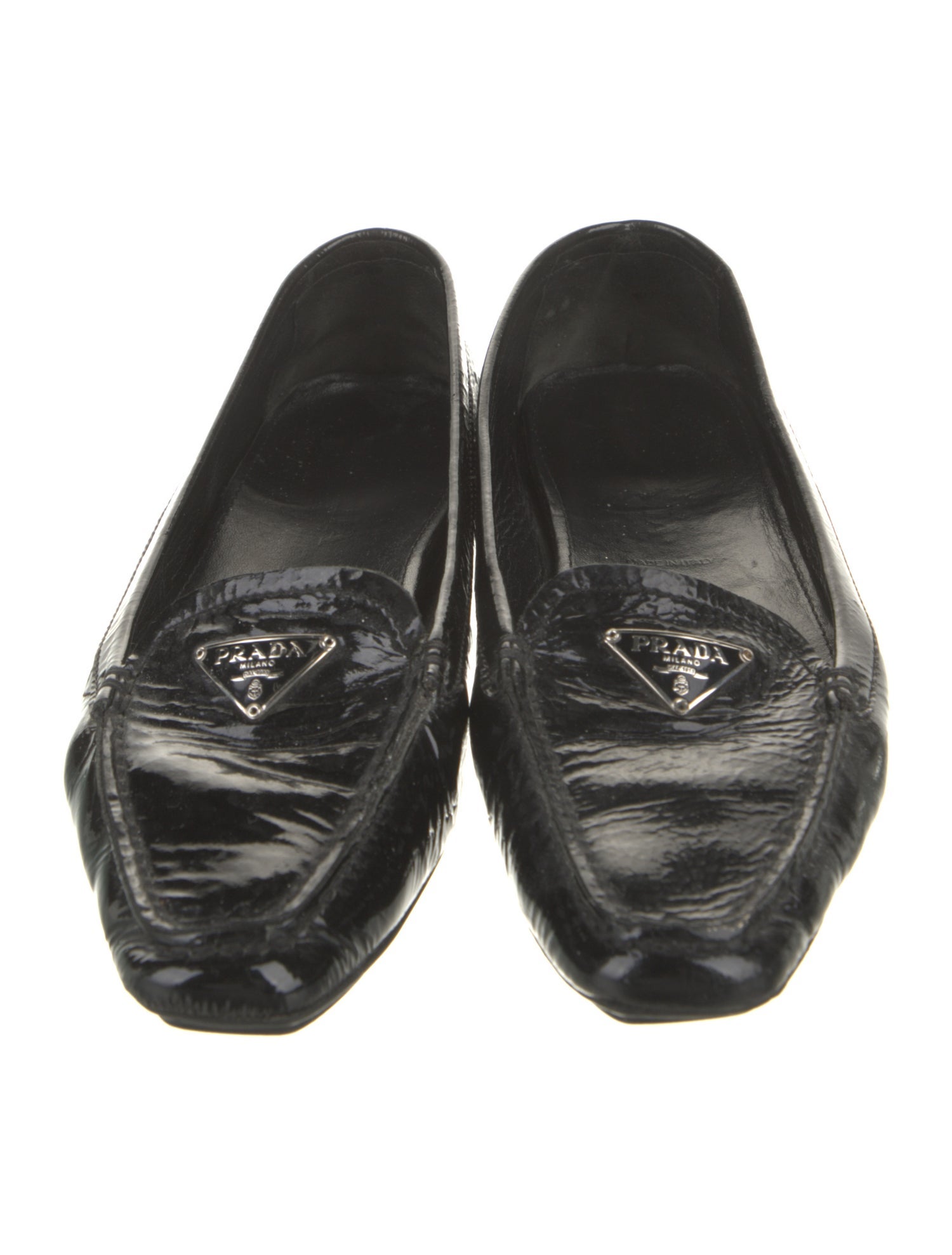 Prada Enameled Metal Triangle Patent Leather Loafers