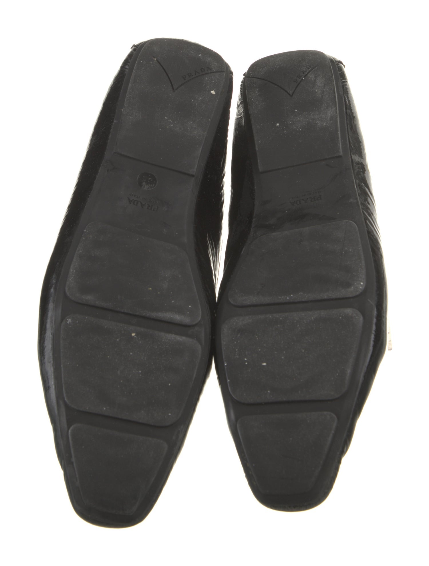 Prada Enameled Metal Triangle Patent Leather Loafers