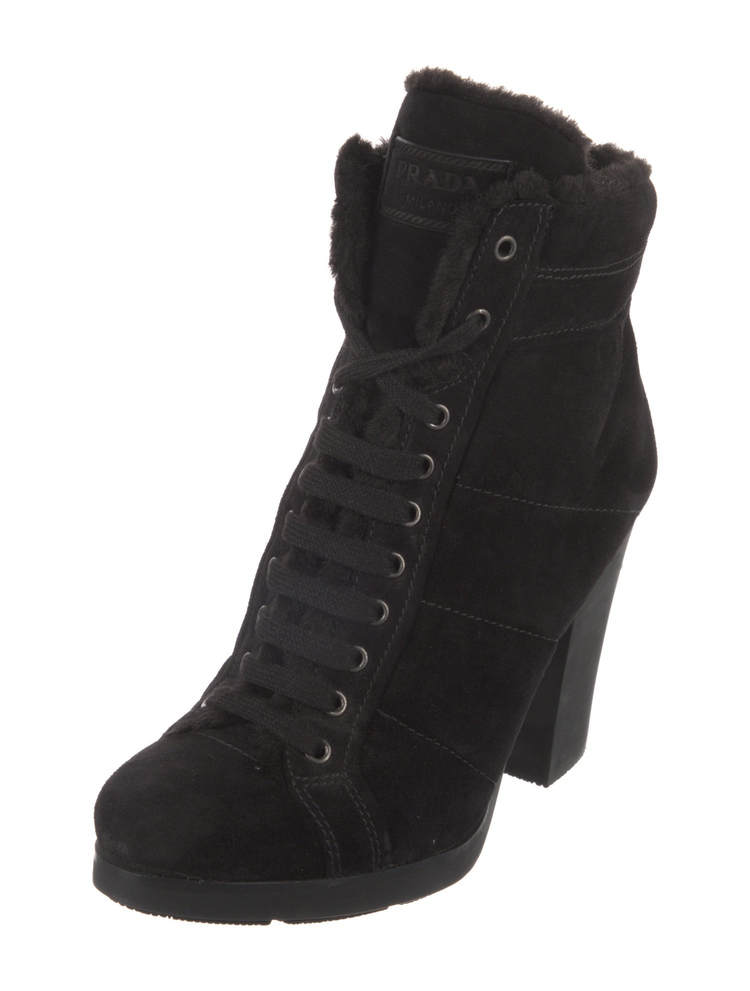 Prada Suede Faux Fur Trim Lace-Up Boots