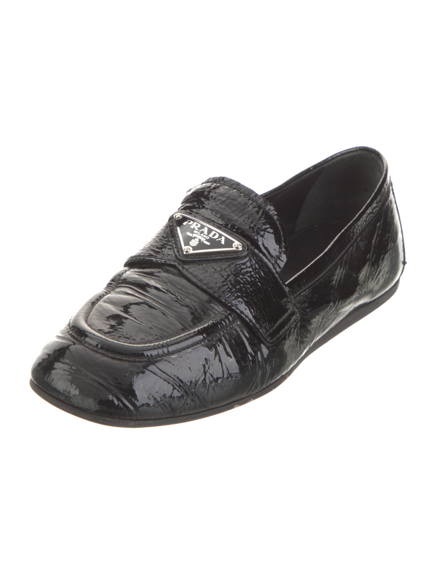 Prada Enameled Metal Triangle Patent Leather Loafers