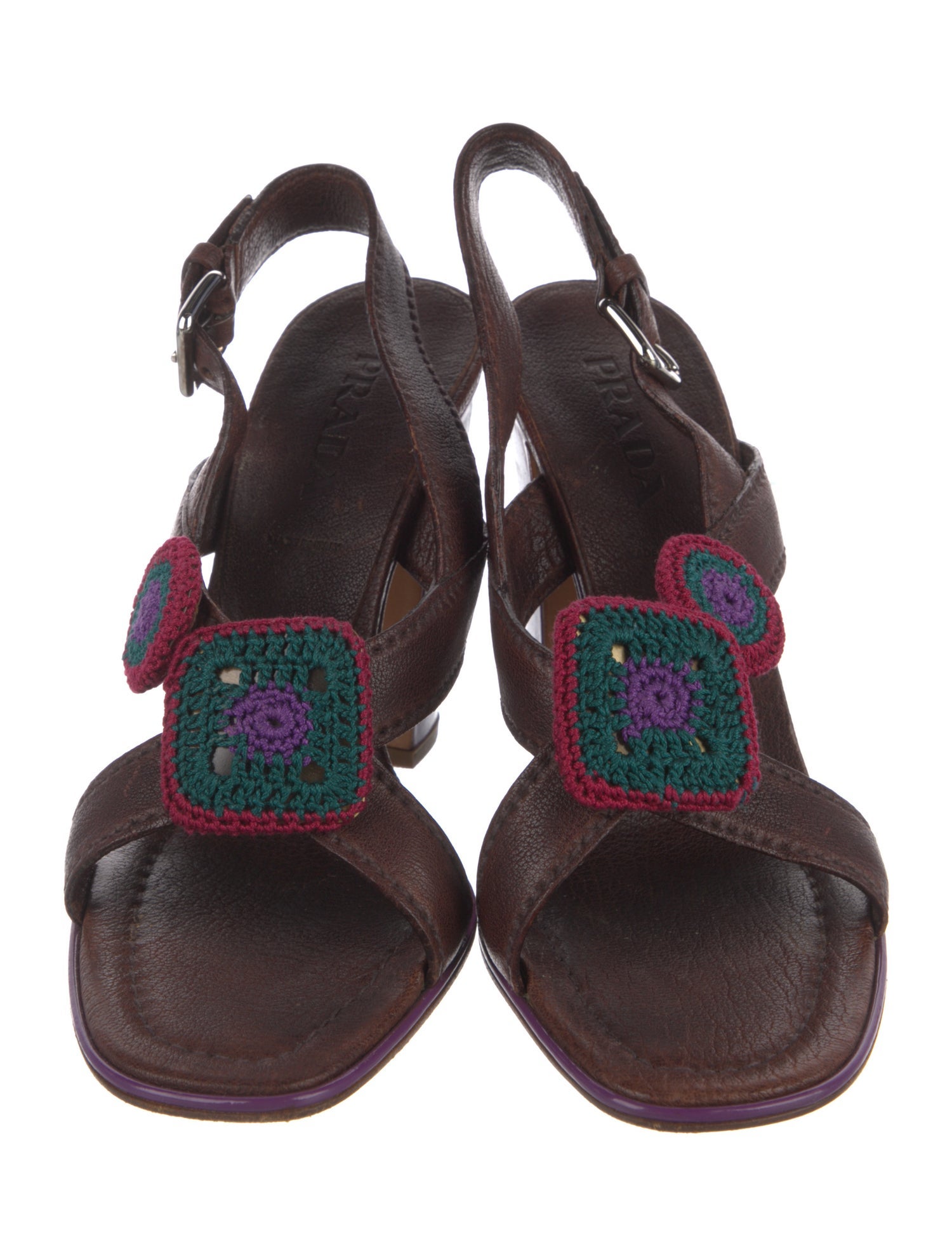 Prada Leather Crochet Trim Slingback Sandals