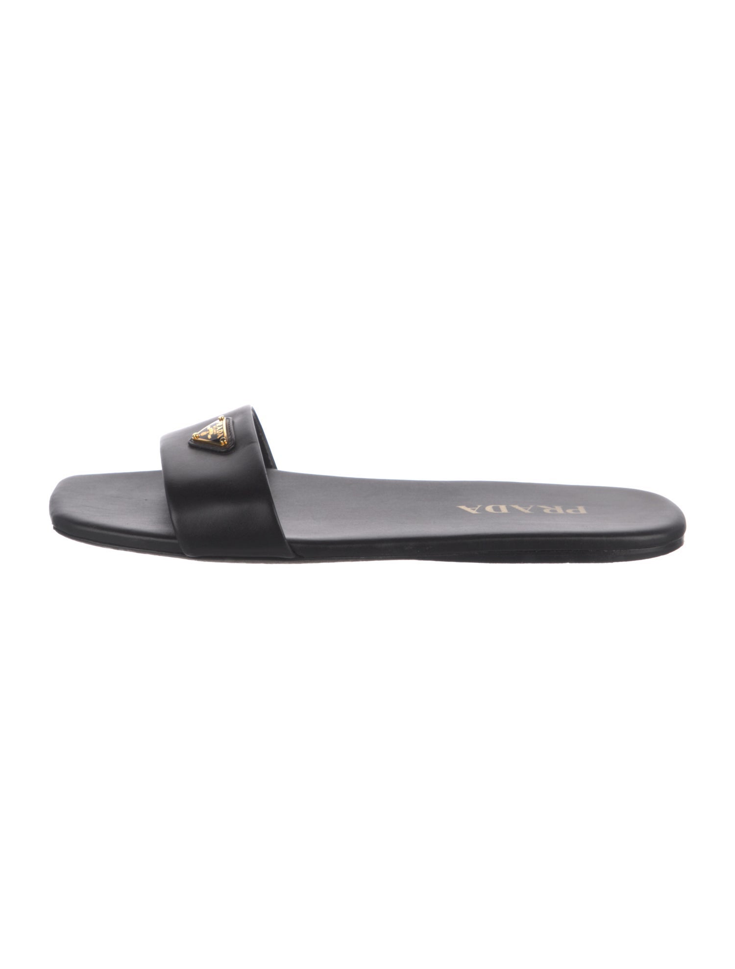 Prada Enameled Metal Triangle Leather Slides