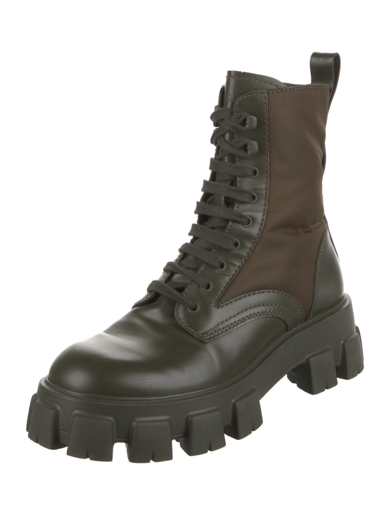 Prada Nylon Leather Trim Embellishment Combat Boots