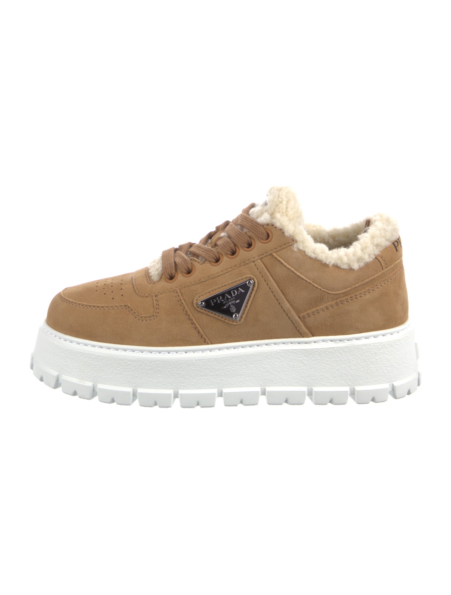 Prada Enameled Metal Triangle Suede Sneakers