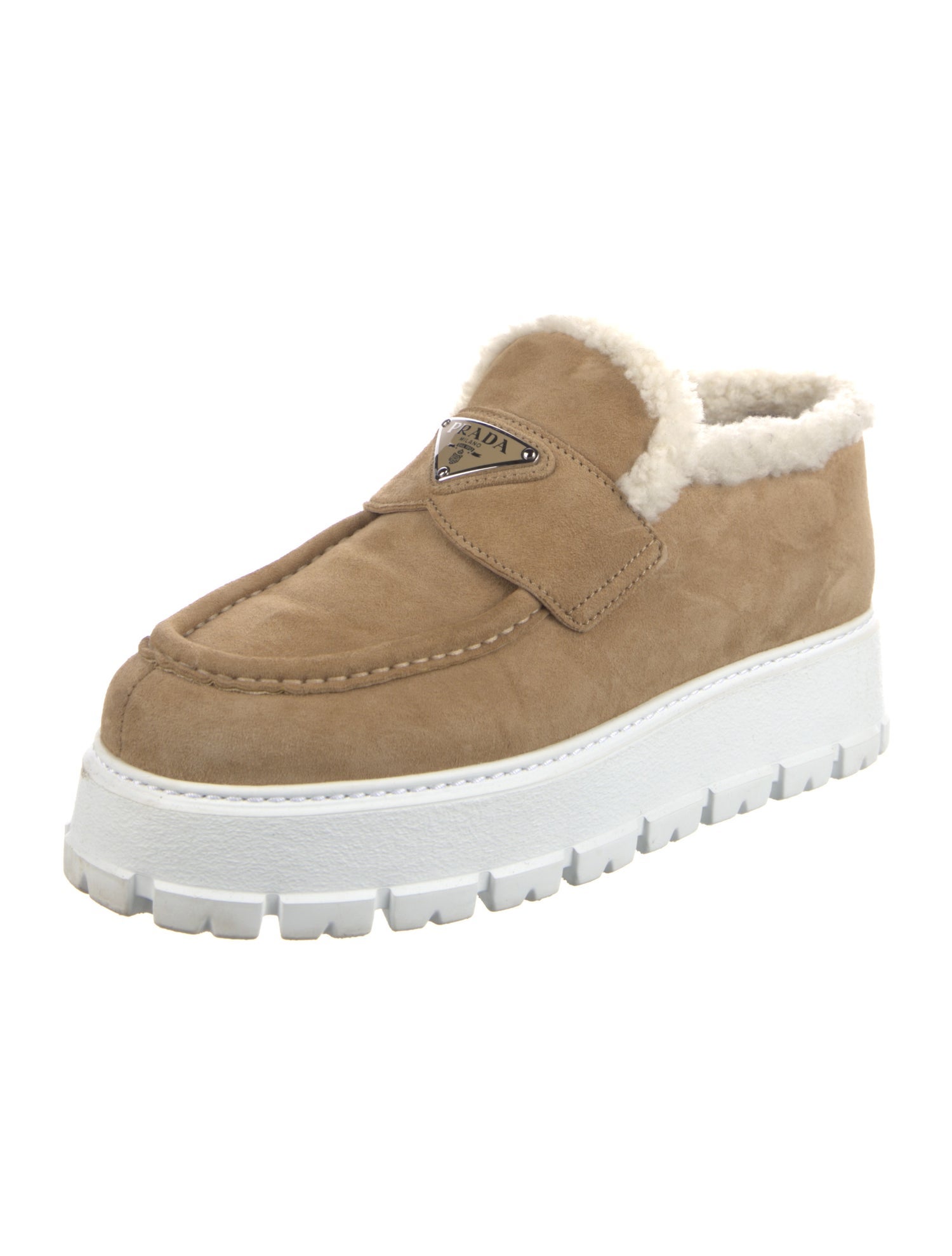 Prada Enameled Metal Triangle Suede Mules