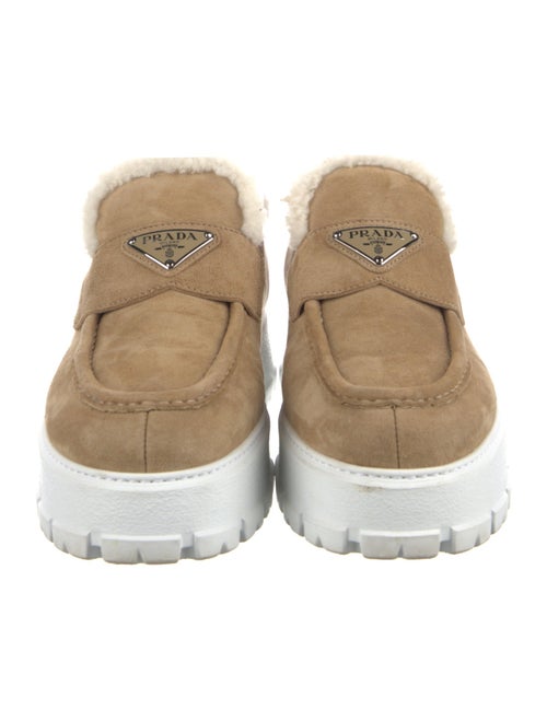 Prada Enameled Metal Triangle Suede Mules