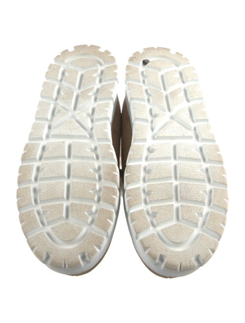 Prada Enameled Metal Triangle Suede Mules