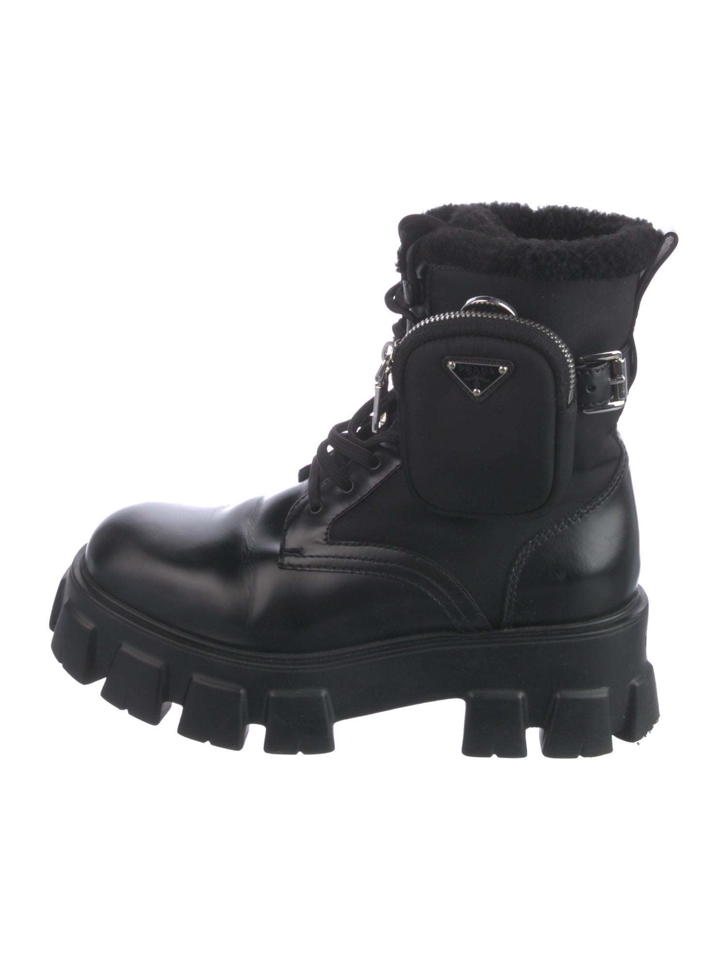 Prada Leather Faux Fur Trim Hiking Boots