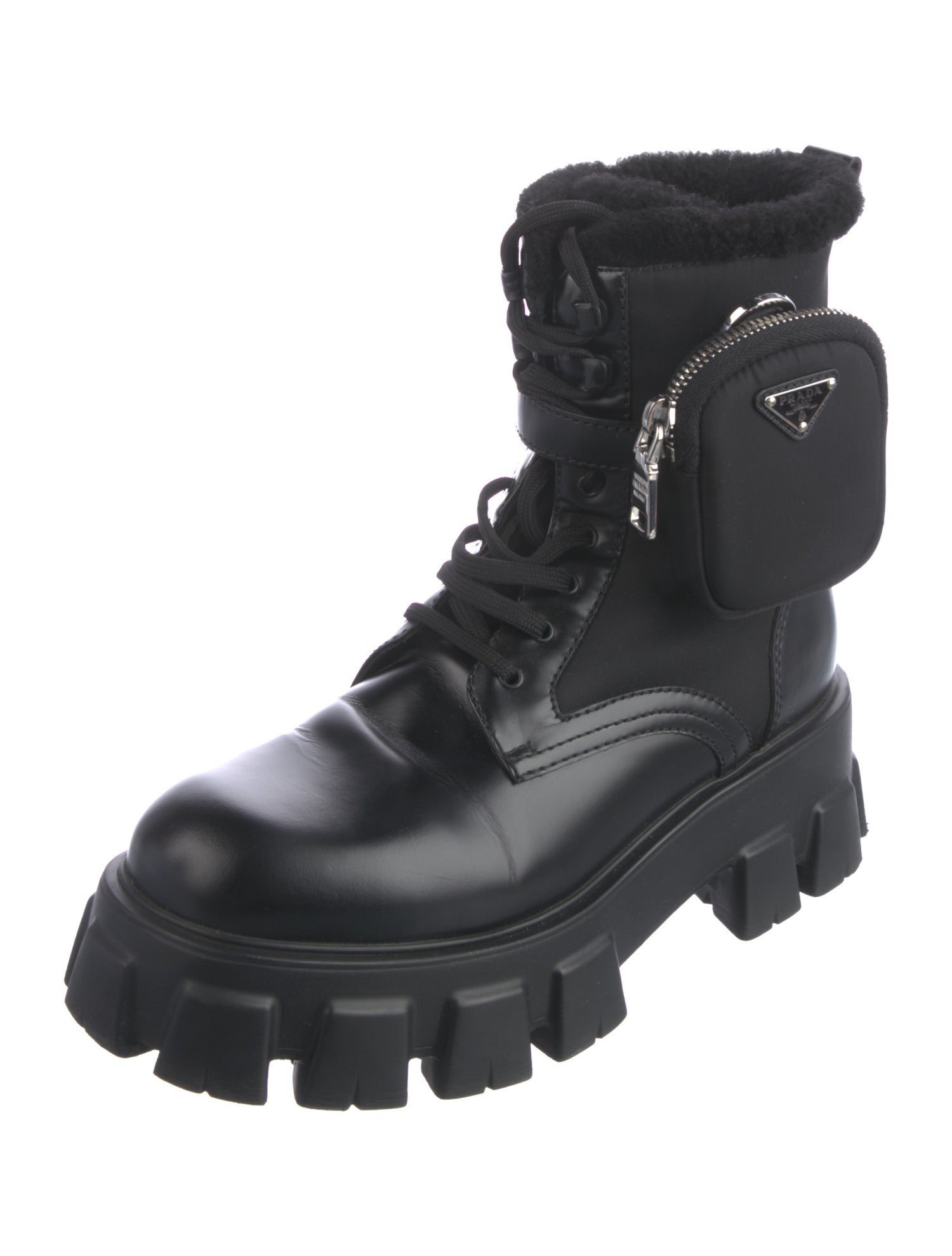 Prada Leather Faux Fur Trim Hiking Boots