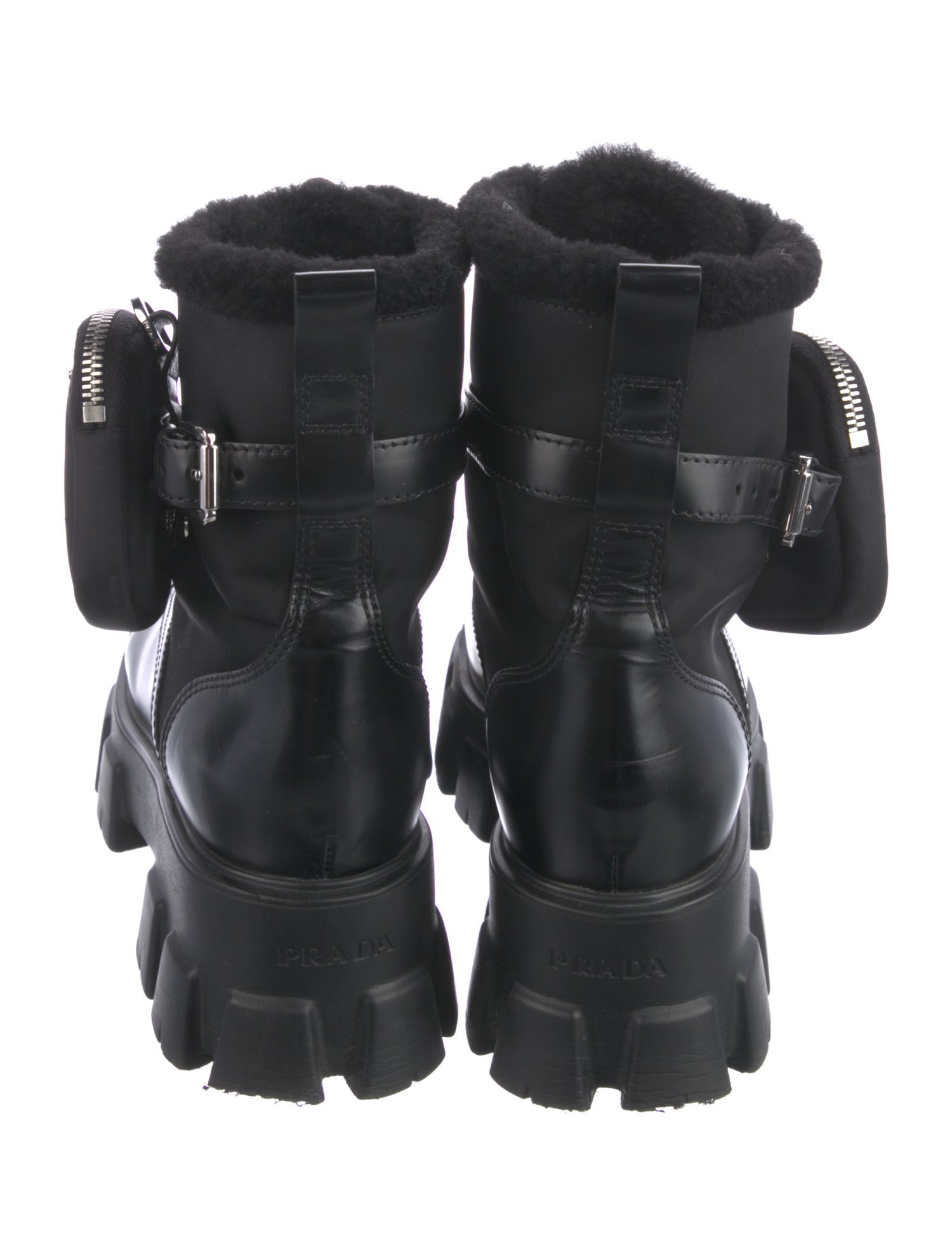 Prada Leather Faux Fur Trim Hiking Boots