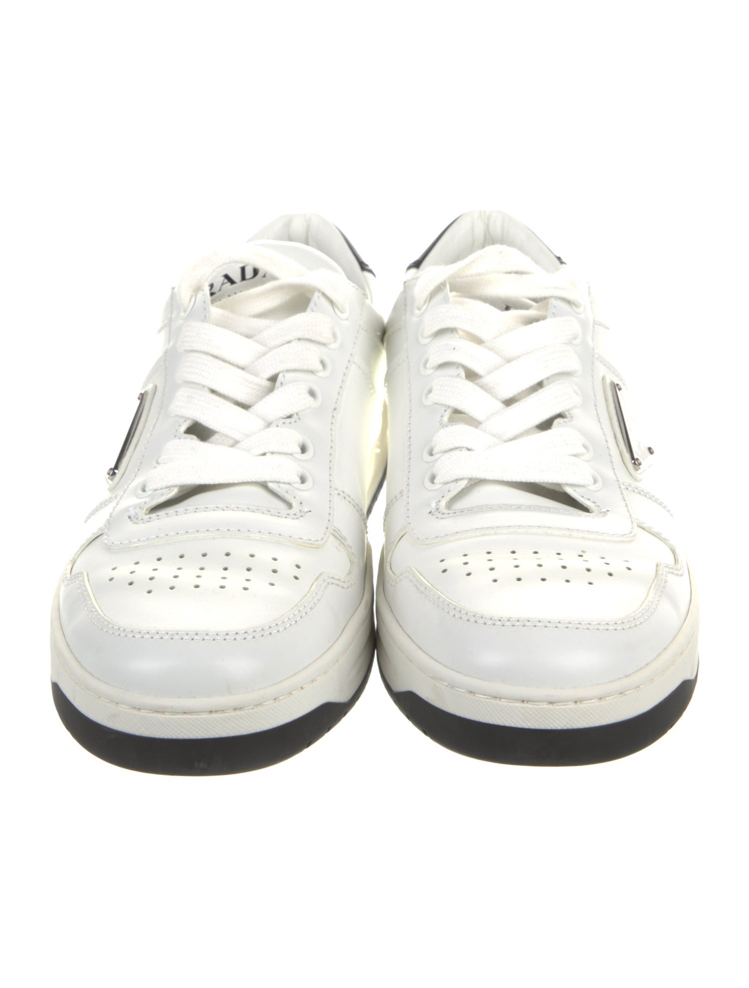 Prada Enameled Metal Triangle Leather Sneakers
