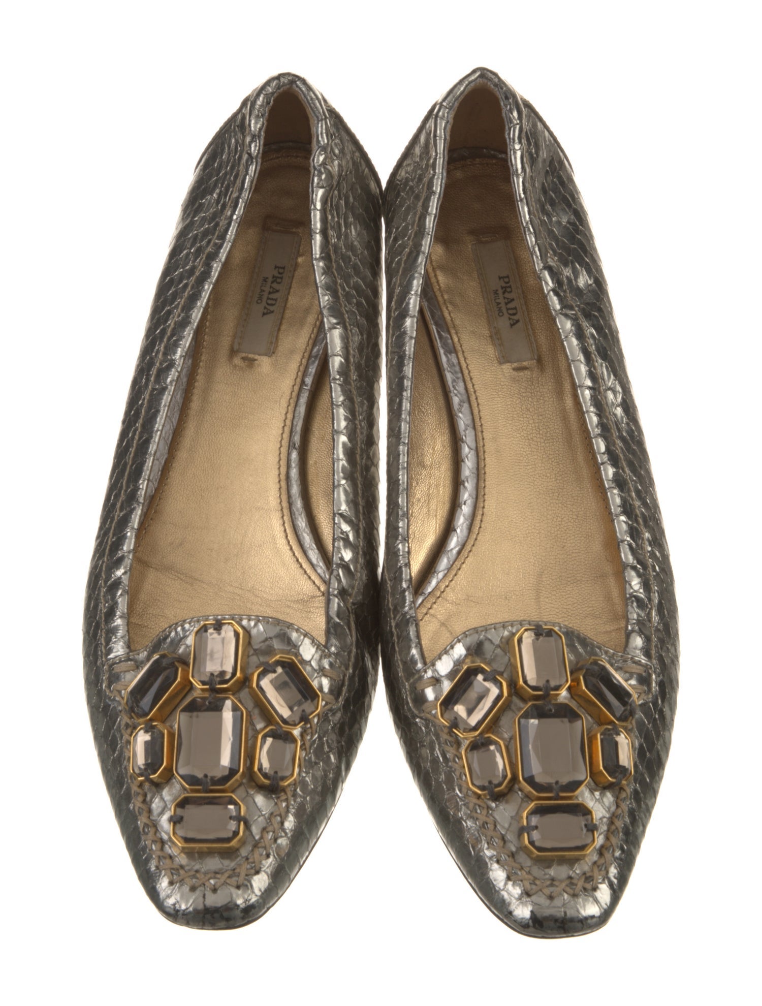 Prada Leather Crystal Embellishments Ballet Flats