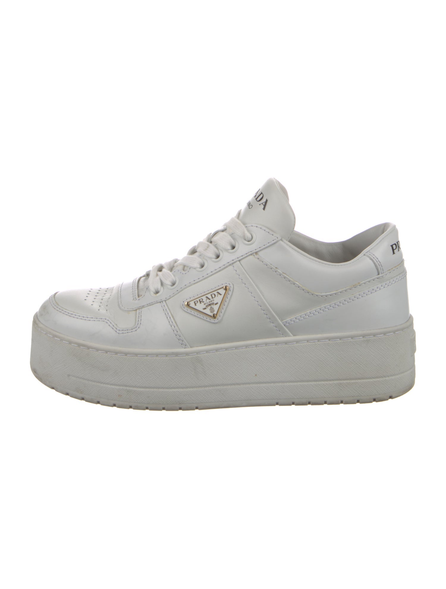 Prada Enameled Metal Triangle Leather Sneakers