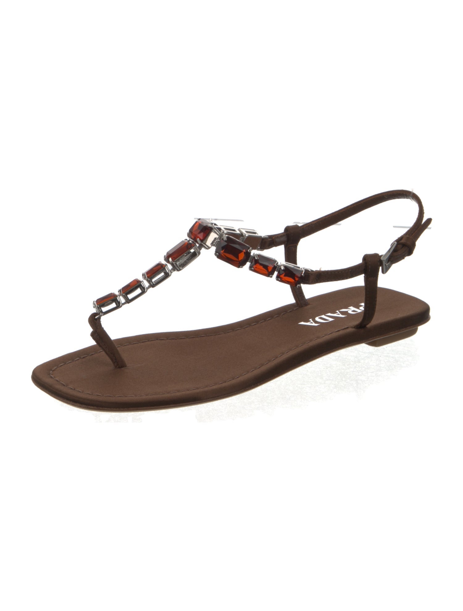 Prada Leather Crystal Embellishments T-Strap Sandals