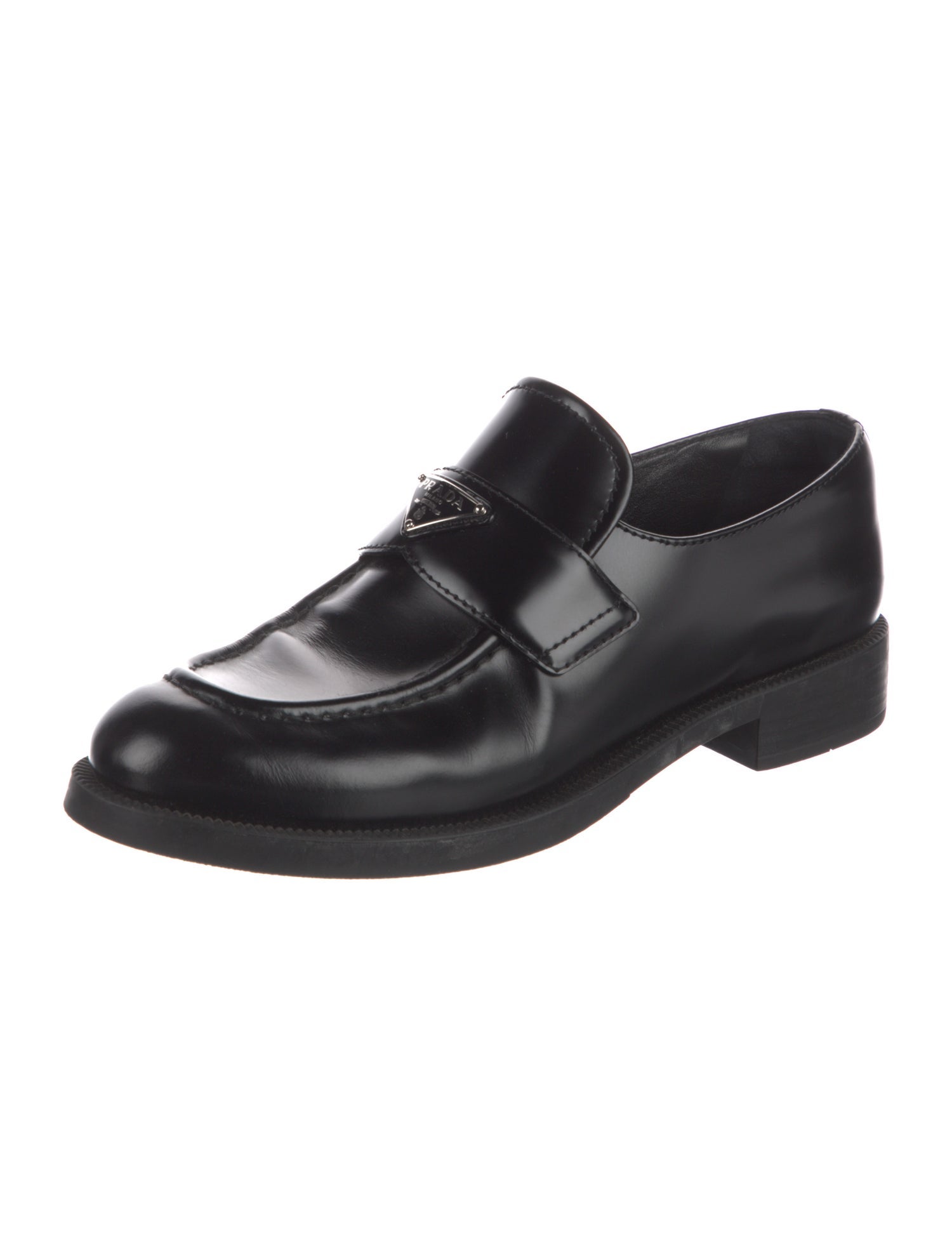 Prada Enameled Metal Triangle Leather Oxfords