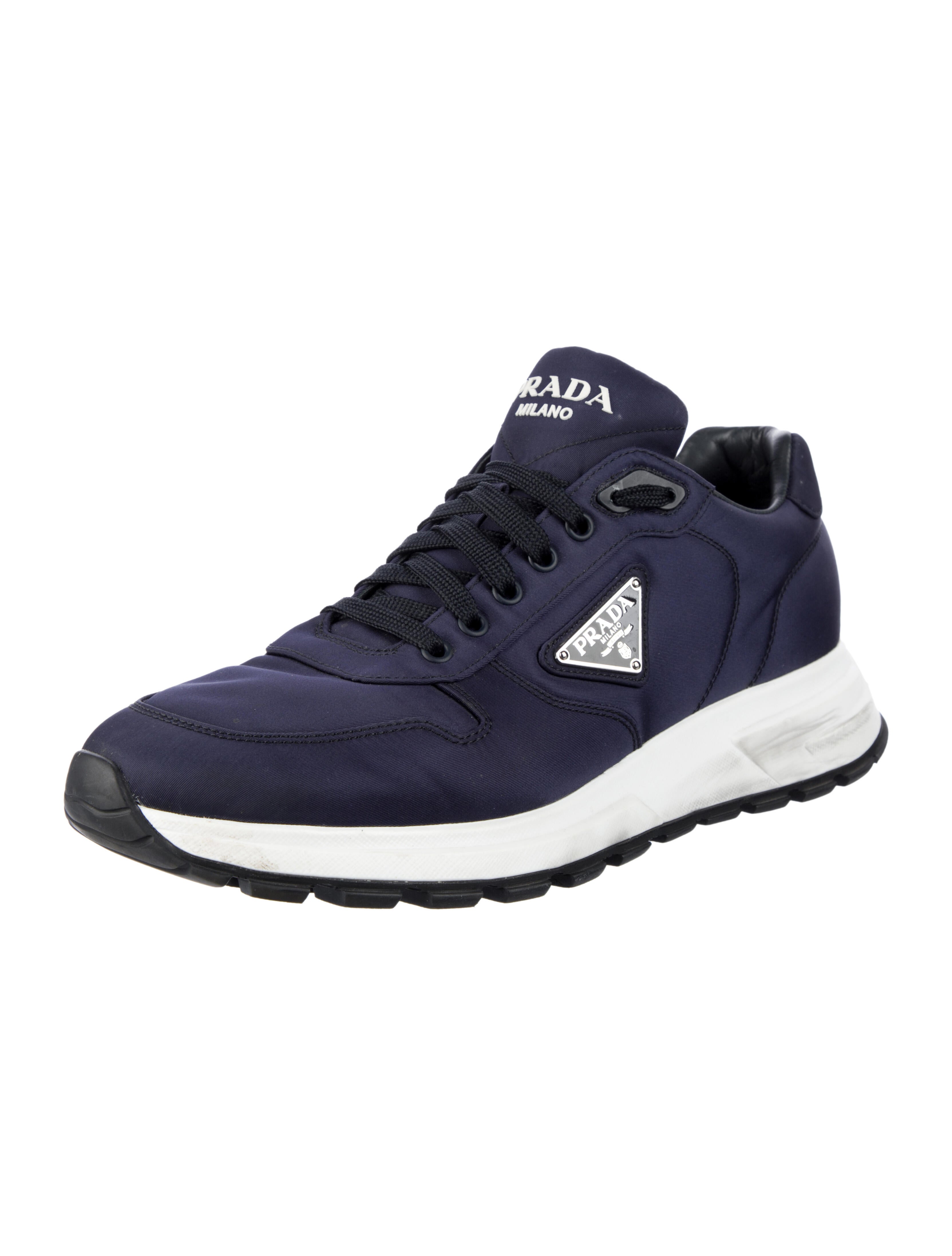 Prada Enameled Metal Triangle Nylon Sneakers