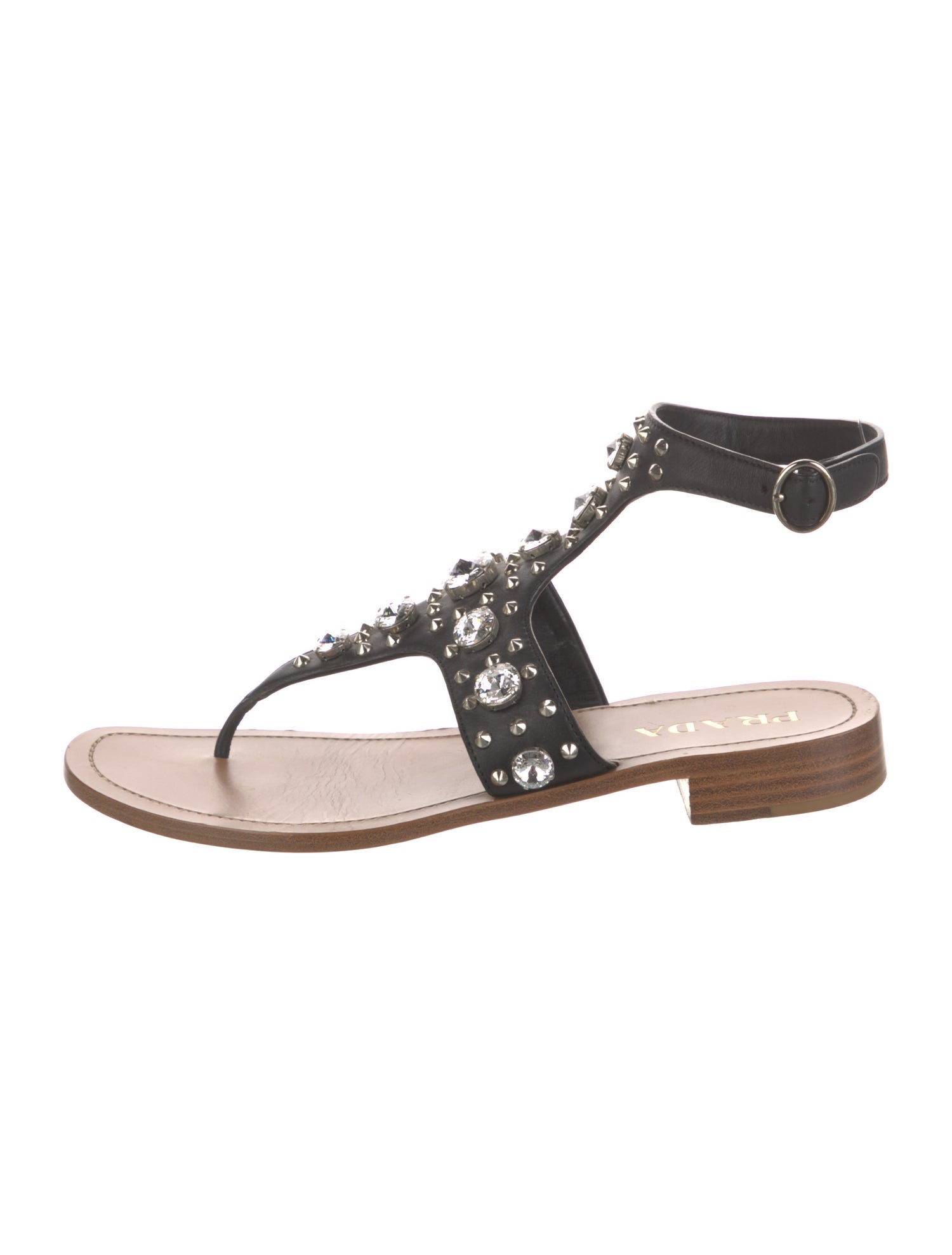 Prada Leather Crystal Embellishments T-Strap Sandals