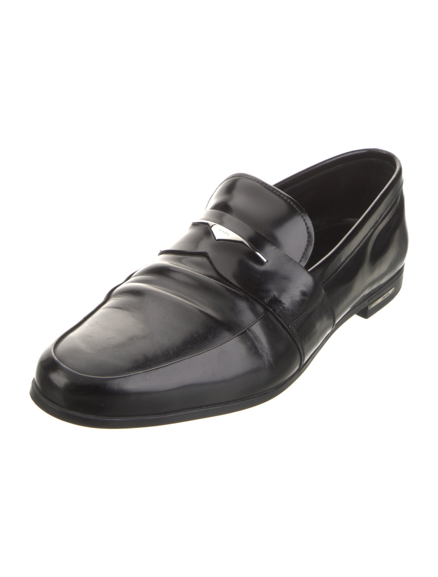 Prada Enameled Metal Triangle Leather Loafers