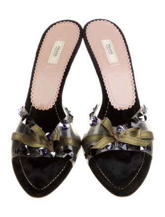Prada Velvet Crystal Embellishments Slides