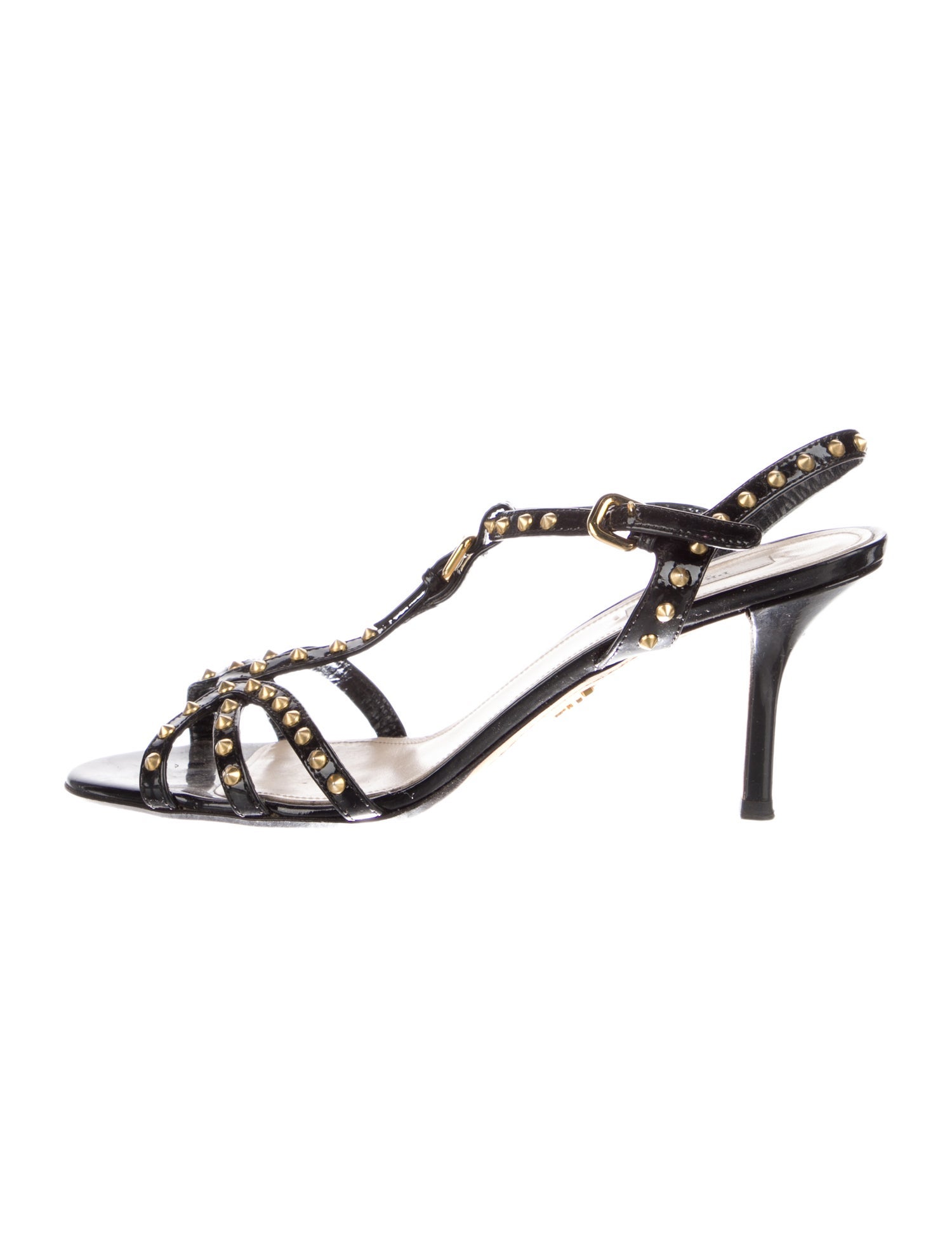 Prada Patent Leather Studded Accents T-Strap Sandals